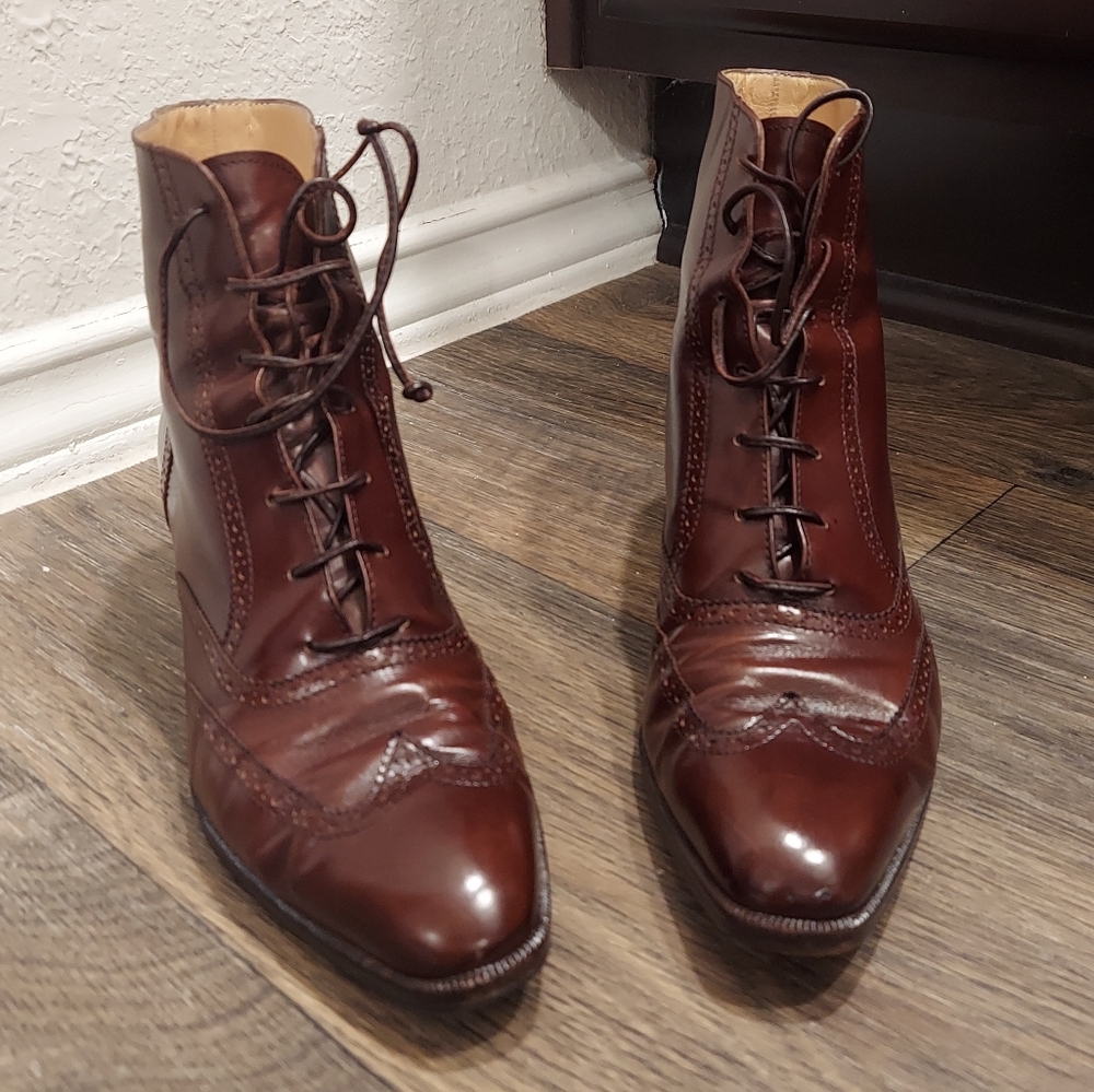 Vintage Salvatore Ferragamo Women's Lace Up Heeled Booties (brown leather)